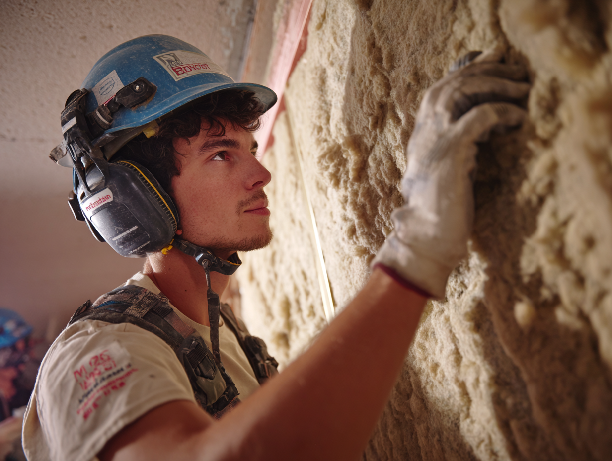 Crew adding fiberglass insulation to walls to enhance noise isolation