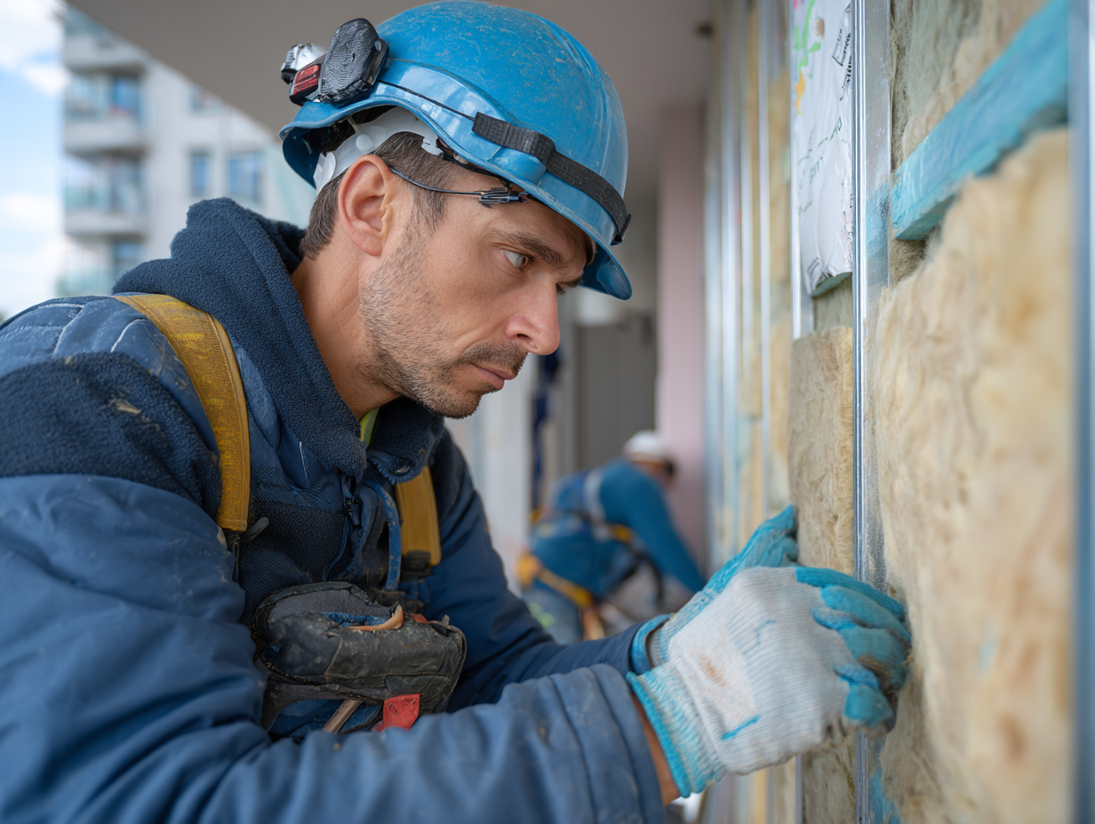 Construction worker installing wall insulation for soundproofing