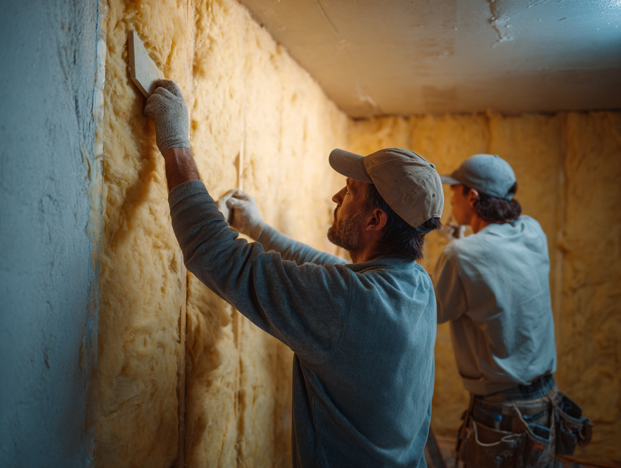 Workers installing fiberglass insulation on walls for soundproofing