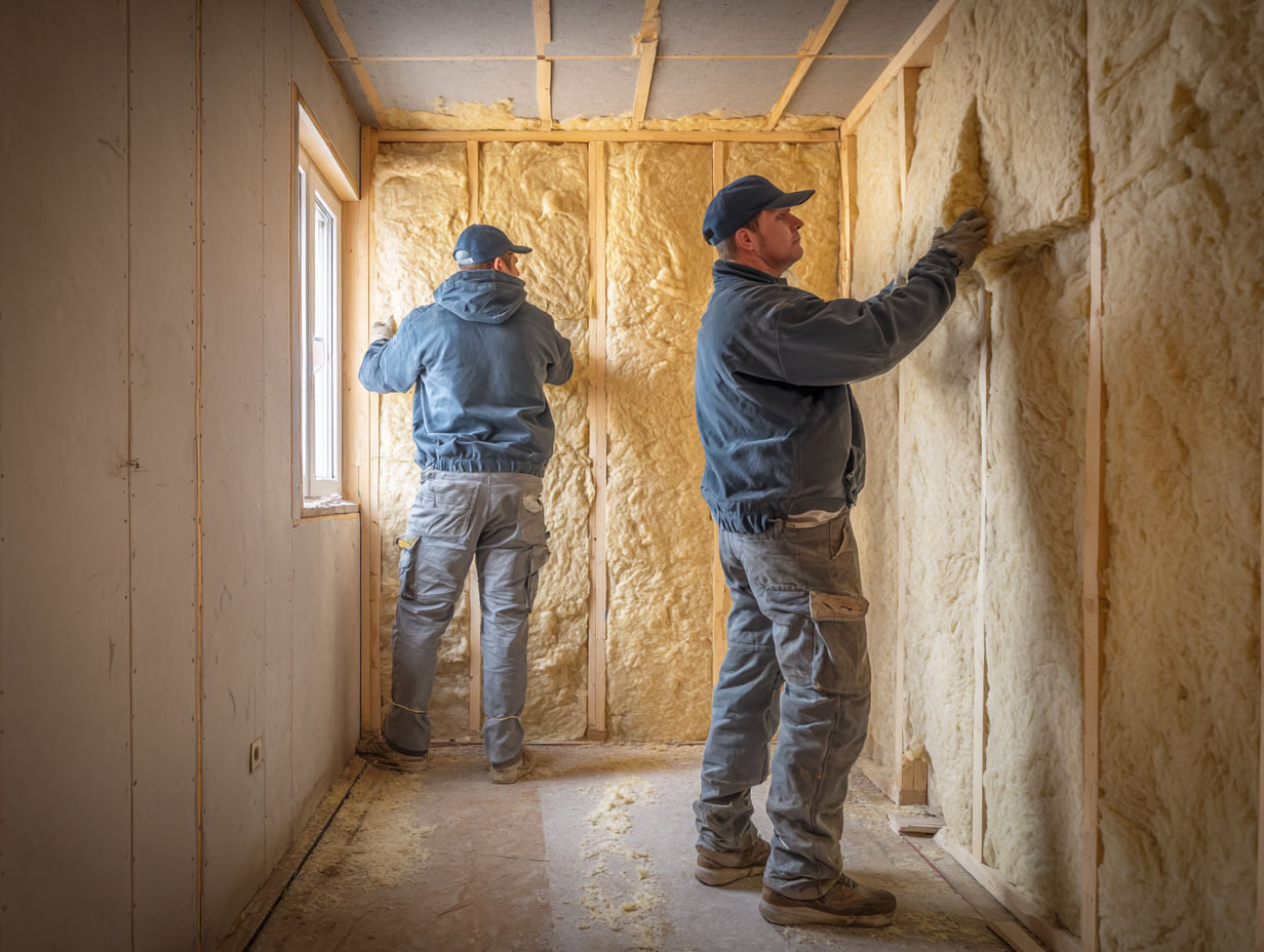 Workers are installing soundproofing on the walls
