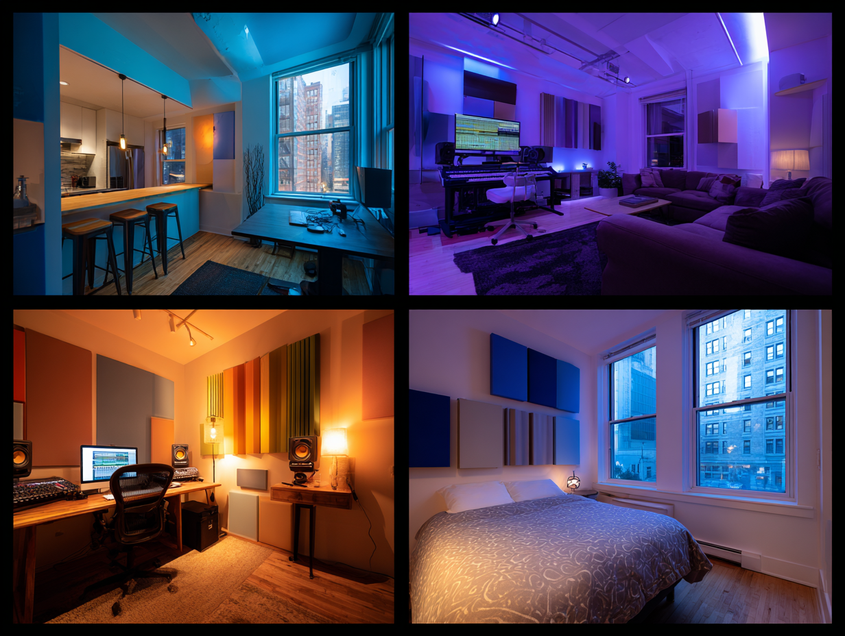 Collage of modern interiors with acoustic treatments, including studio, living room, office, and bedroom
