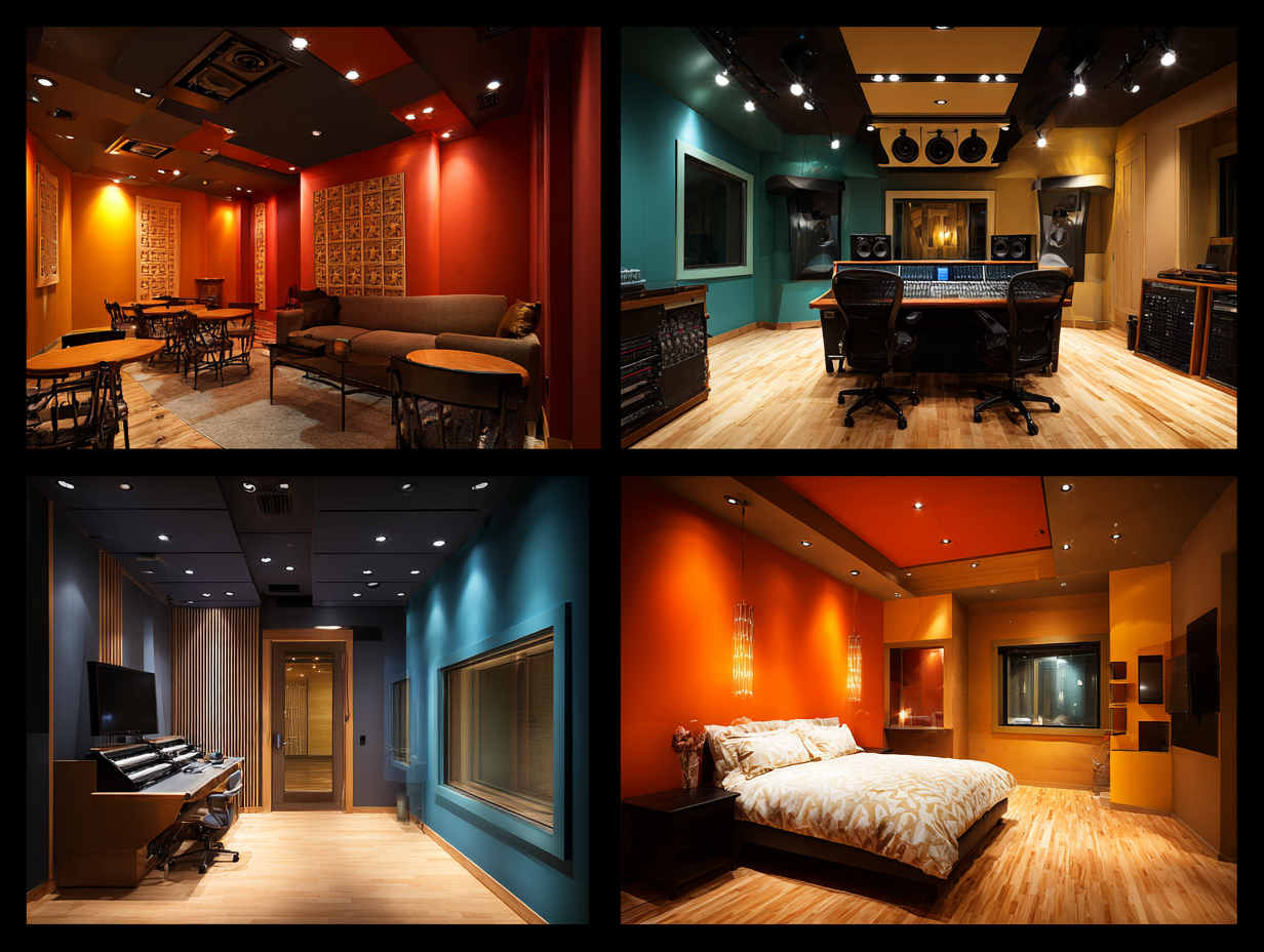 collage showing different interior types: café, office, recording studio, bedroom