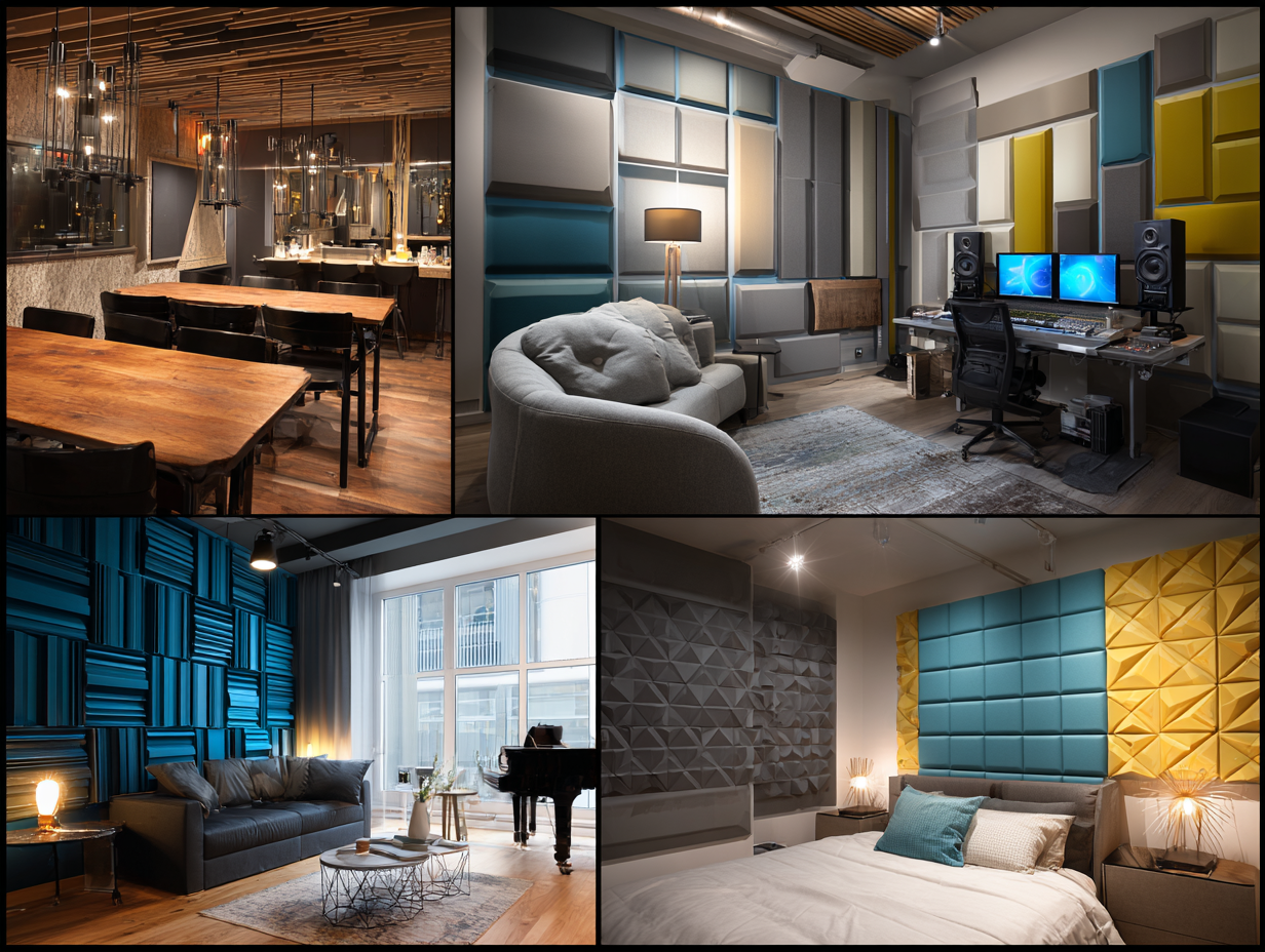 Collage of stylish interiors with acoustic wall panels, including restaurant, studio, living room, and bedroom designs