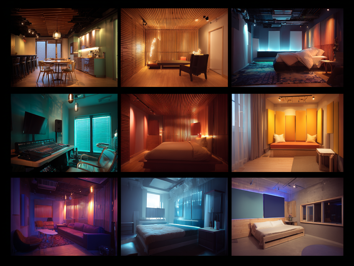 Collage showing modern spaces with acoustic panels — restaurant, home studio, lounge, and bedroom