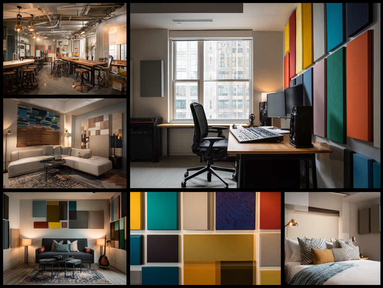 Compilation of interior spaces with decorative acoustic treatments — restaurant, studio, lounge, and bedroom