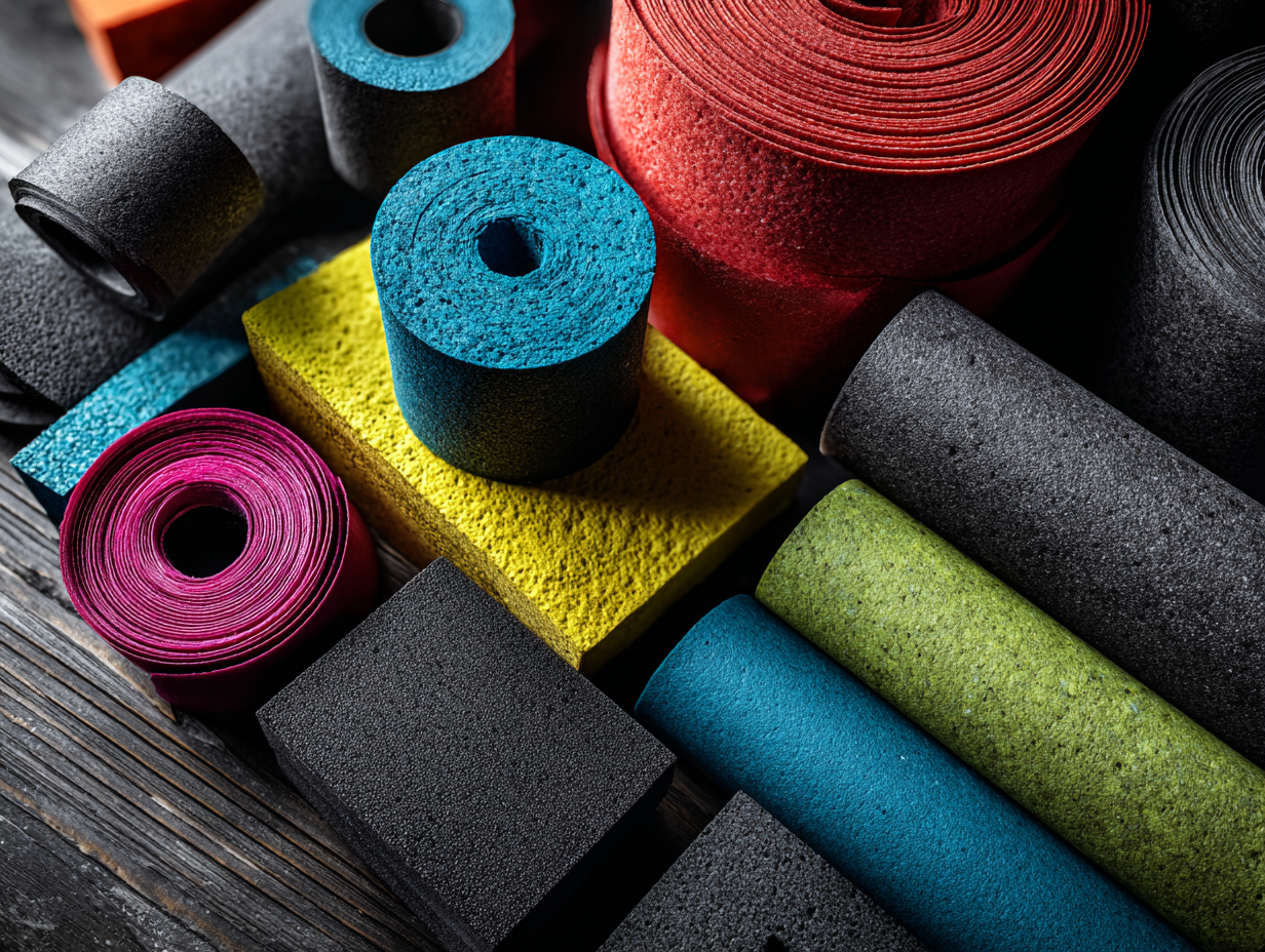 Acoustic foam sheets, measuring tools, and cutting instruments arranged on a workshop table