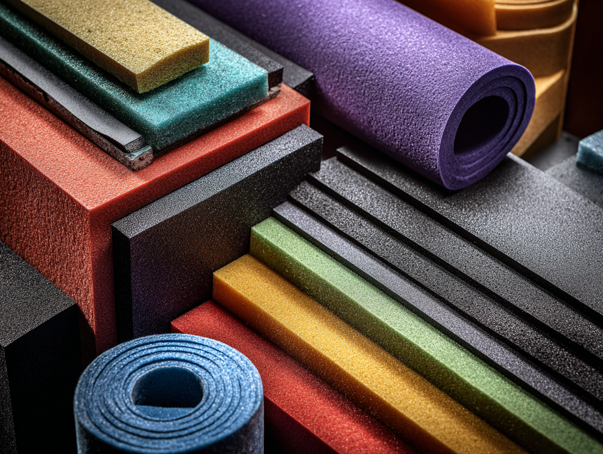 Set of soundproofing supplies on a workbench, including foam sheets, tape measure, and cutting tools