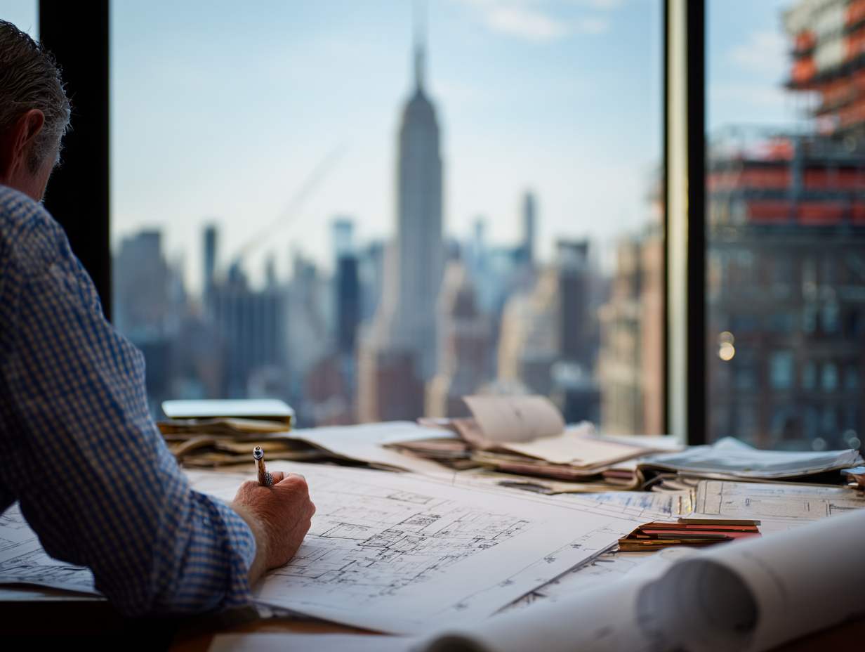 Architect reviewing blueprints in an office with a view of the New York City skyline