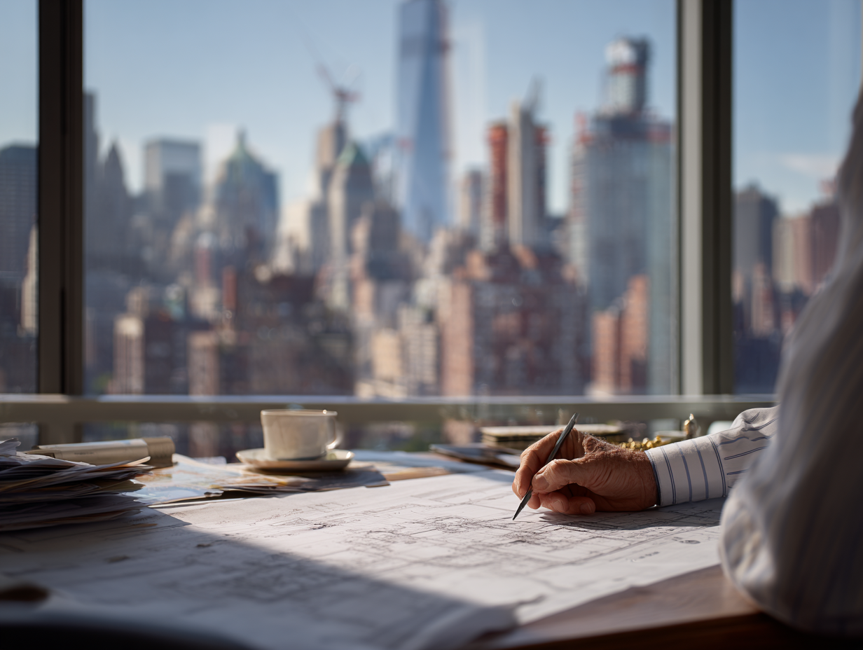Architect examining construction plans near a window overlooking New York City