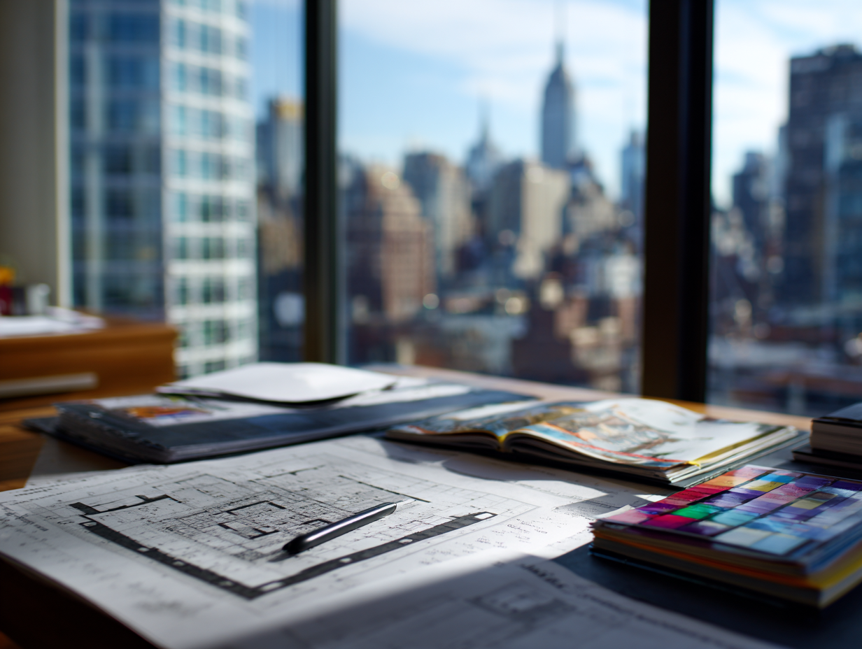 Architect studying building drawings by a window overlooking Manhattan’s skyline