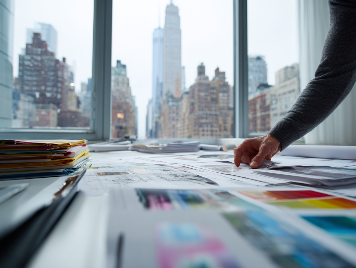 professional reviewing NYC building permits and blueprints on desk, Department of Buildings documents visible, modern office with Manhattan skyline view