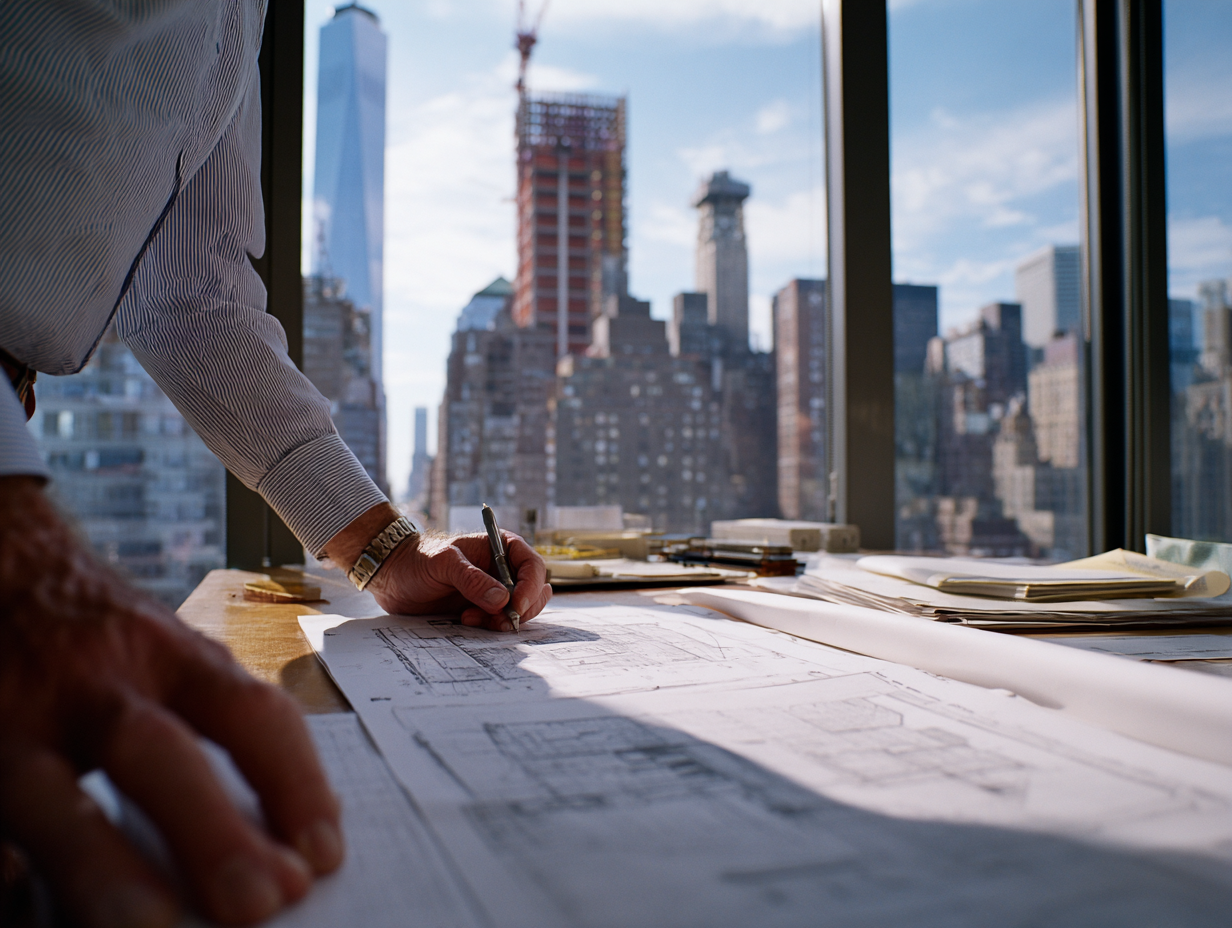 Architect reviewing building blueprints in an office with a view of New York City skyscrapers