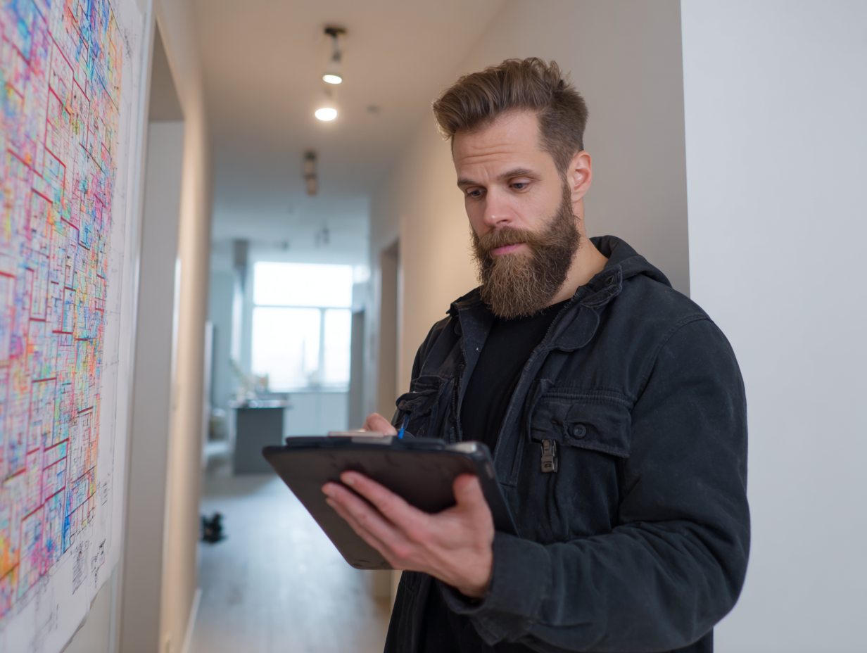 Soundproofing technician reviewing building plans on a tablet during an inspection