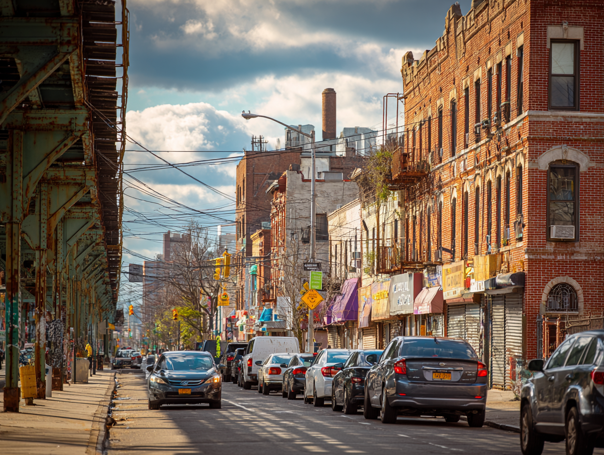 Street scene in Bensonhurst, Brooklyn with brick buildings, storefronts, cars, and elevated train tracks