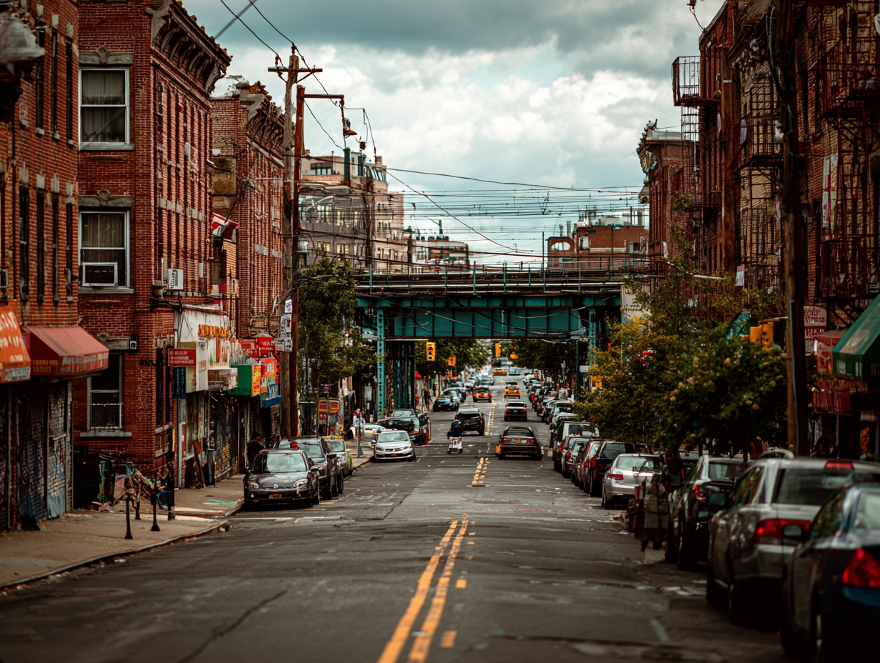 Street scene in Brighton Beach, Brooklyn with brick buildings, storefronts, cars, and elevated train tracks