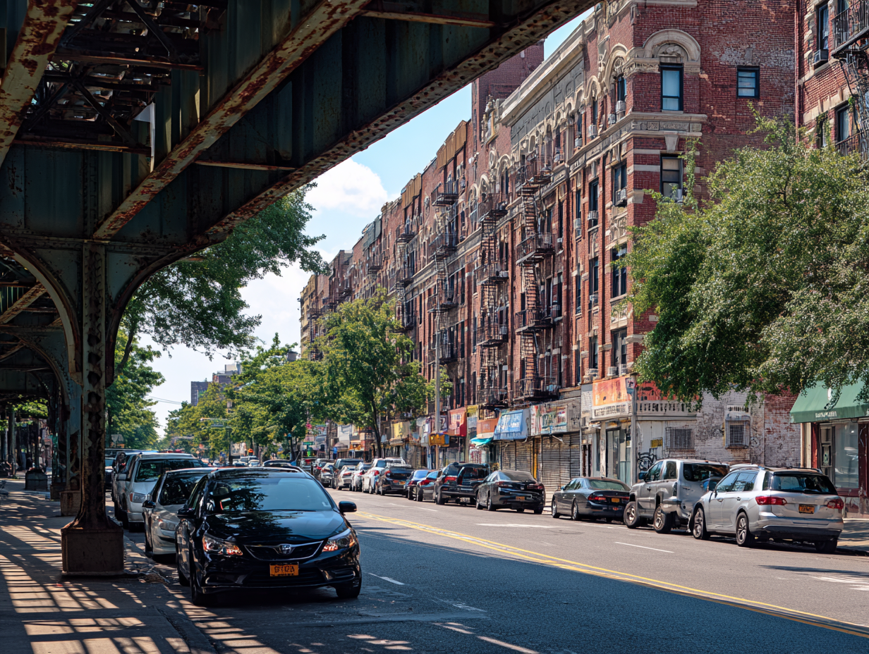 Street view of Bensonhurst, Brooklyn with brick apartment buildings, parked cars, and elevated subway tracks