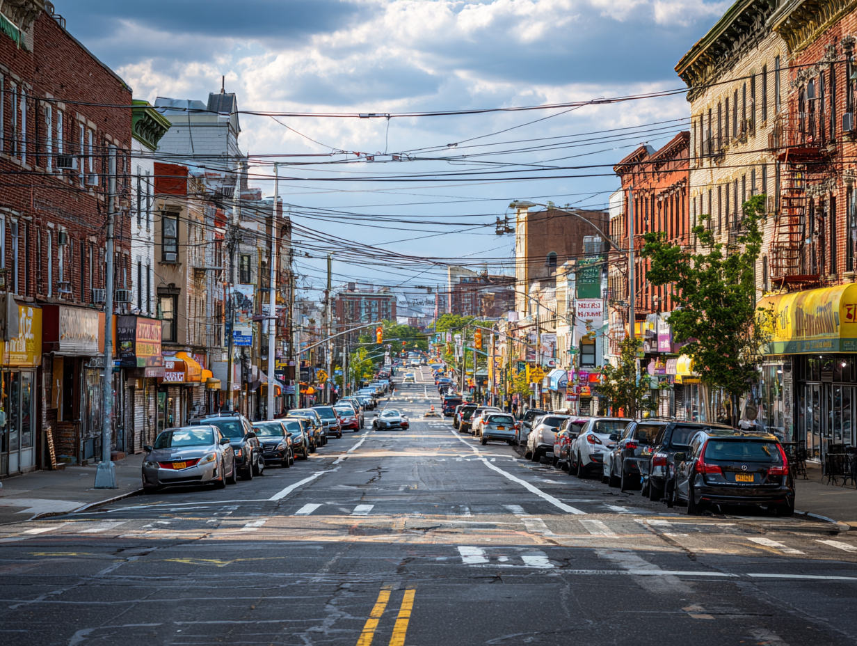 street-level view of Bensonhurst neighborhood, brick buildings, cars passing, elevated subway tracks in distance