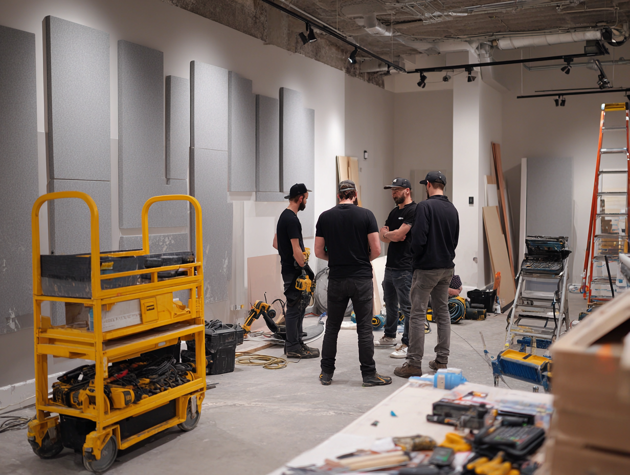 team of soundproofing professionals working inside modern Brooklyn loft