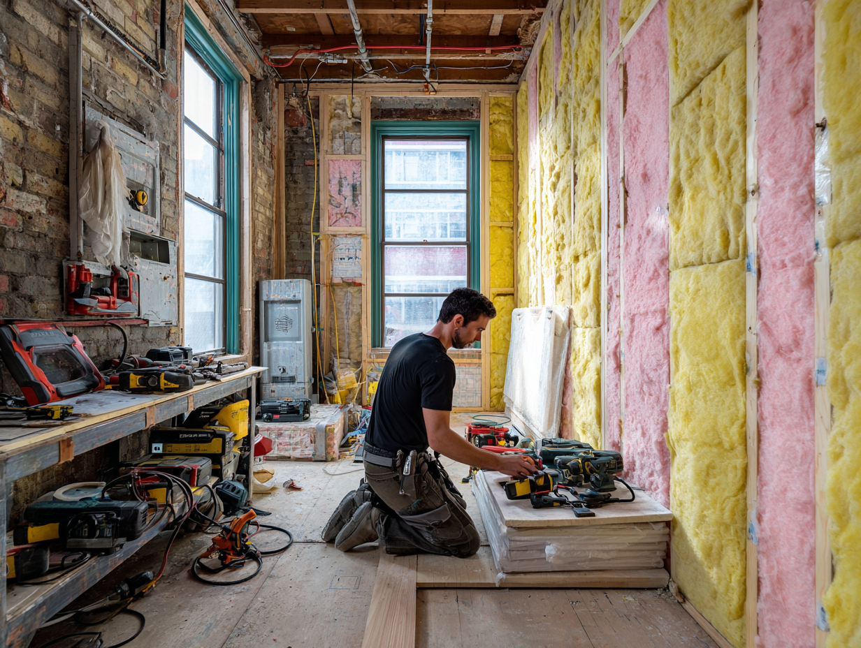 Worker installing soundproof insulation in a room under renovation