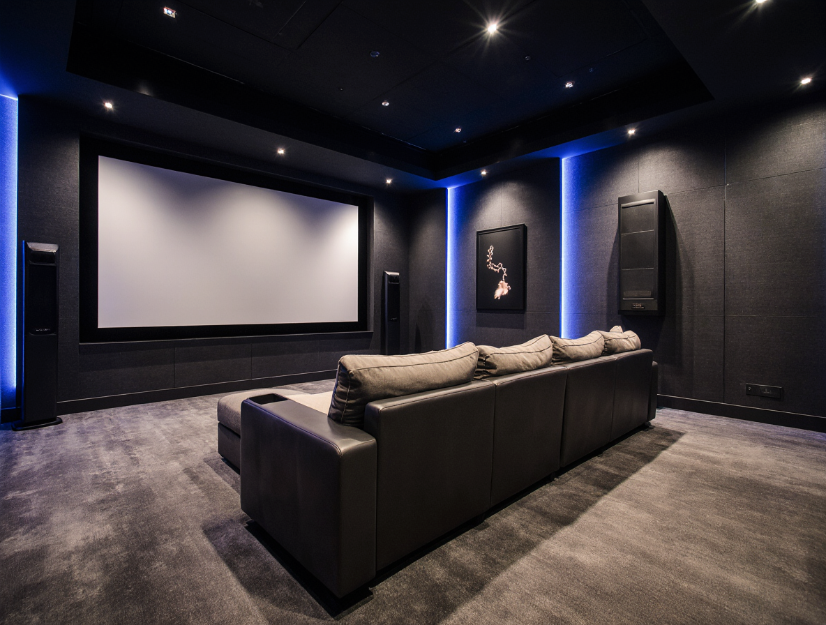 modern home theater in a Manhattan apartment, large wall-mounted screen, surround sound speakers