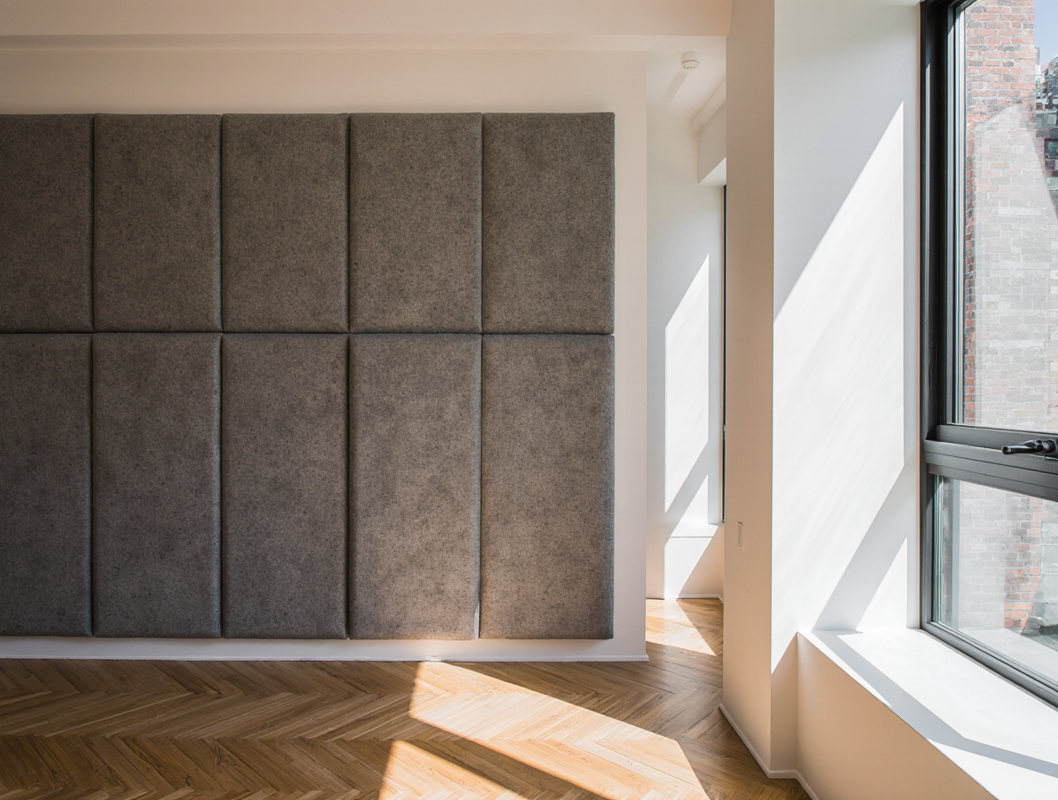 Modern room with large gray acoustic wall panels and natural sunlight through windows