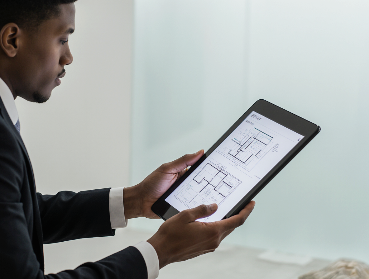 Soundproofing specialist reviewing floor plans on a tablet in a modern office