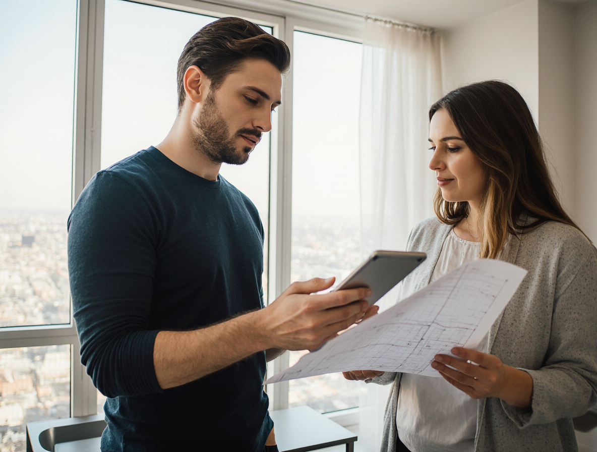 professional soundproofing technician consulting homeowners in Brooklyn apartment
