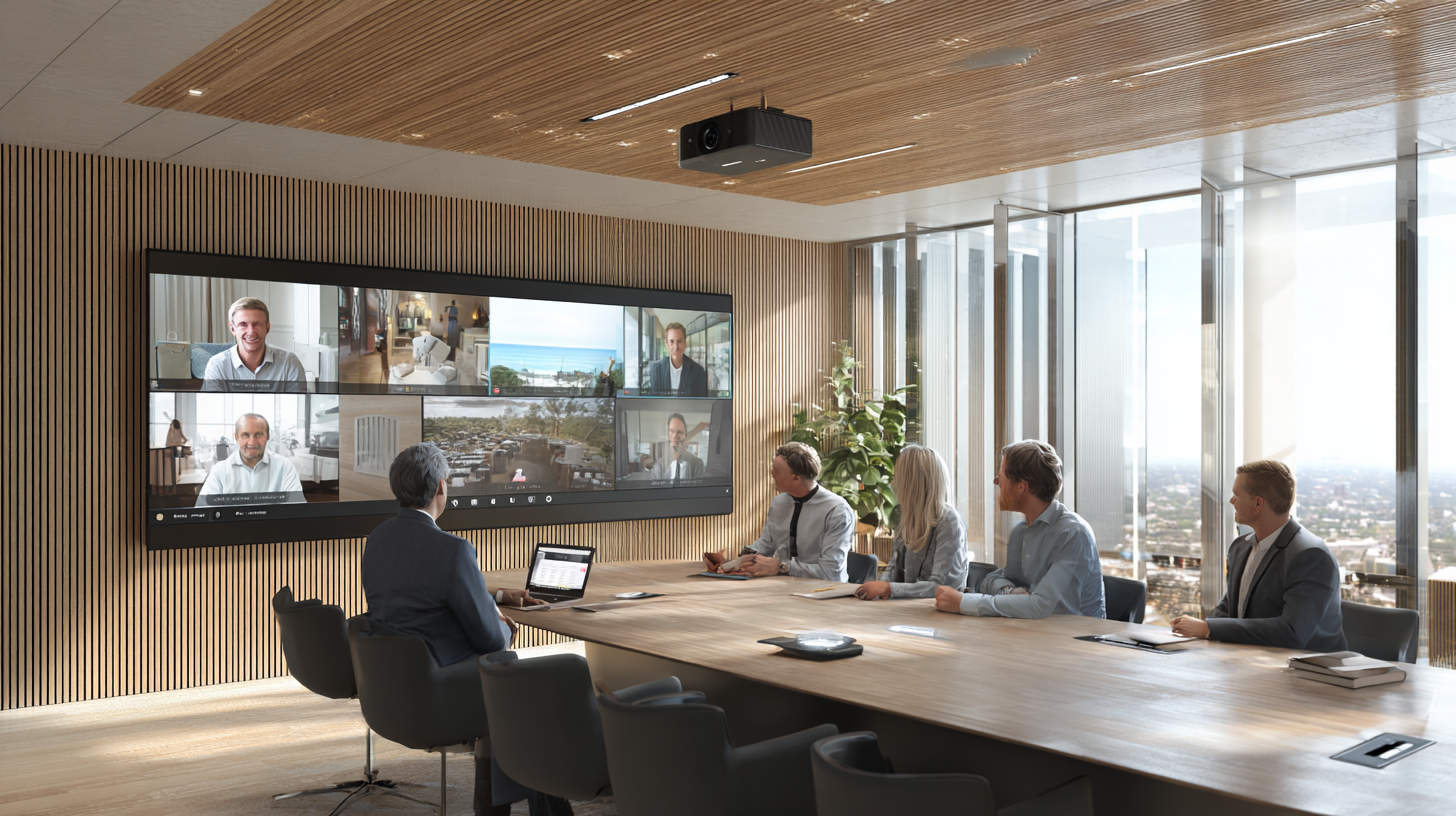 Corporate boardroom with large video conferencing screen