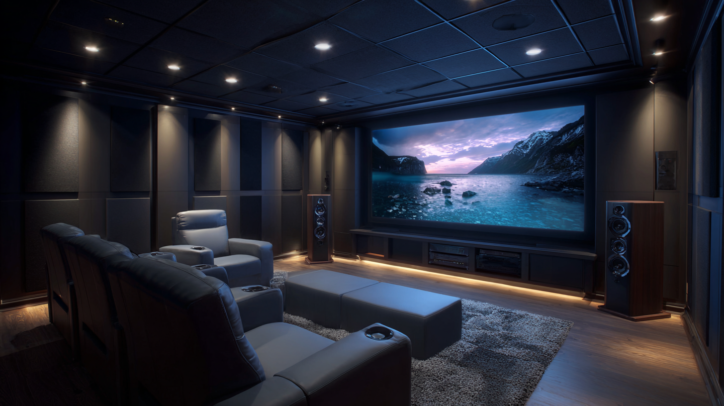 Luxury home theater with large projector screen and surround sound