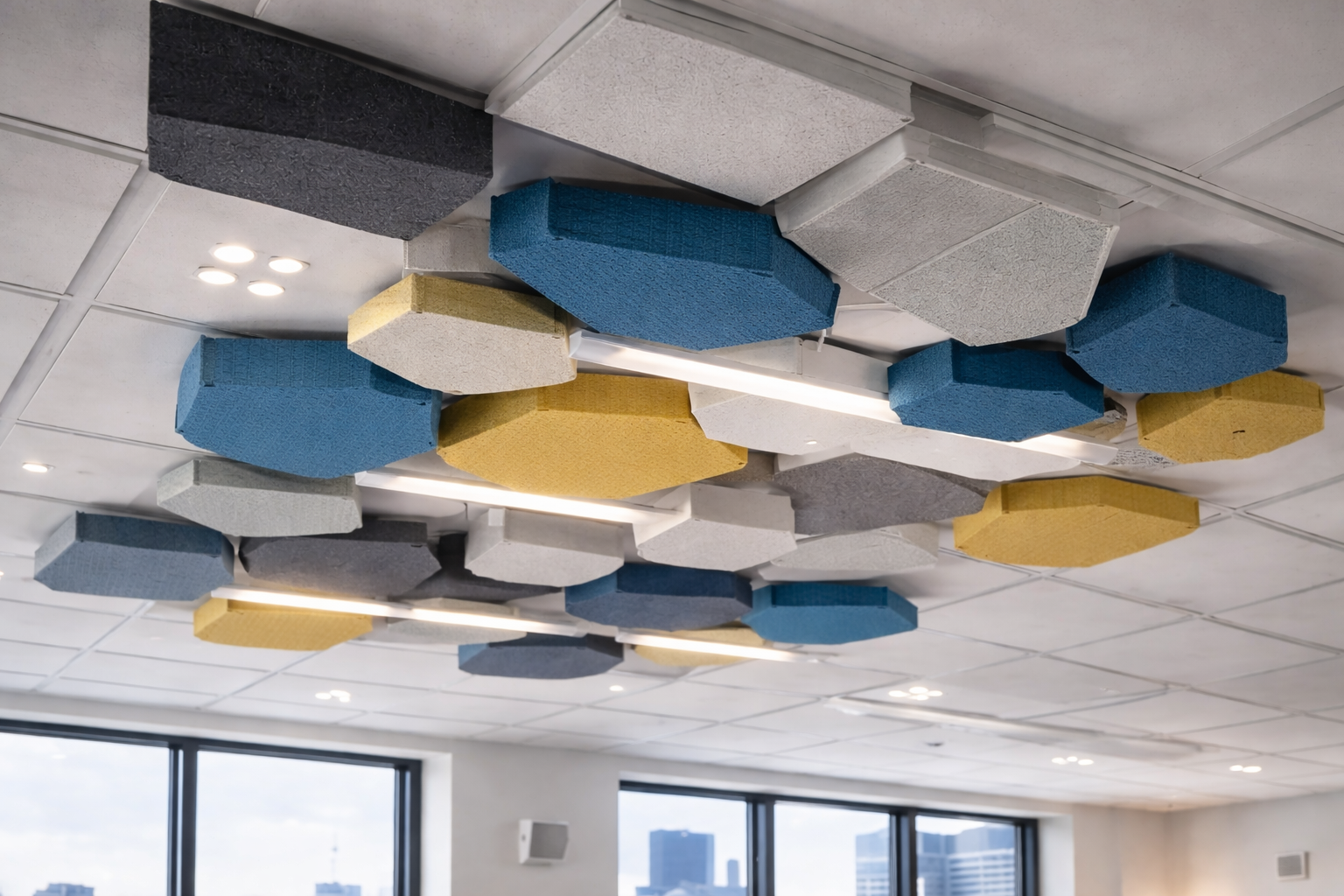 Soundproofing acoustic panels suspended from office ceiling.png