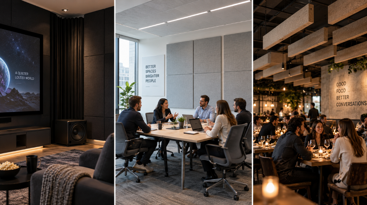 Acoustic panels in a home theater, meeting room, and restaurant