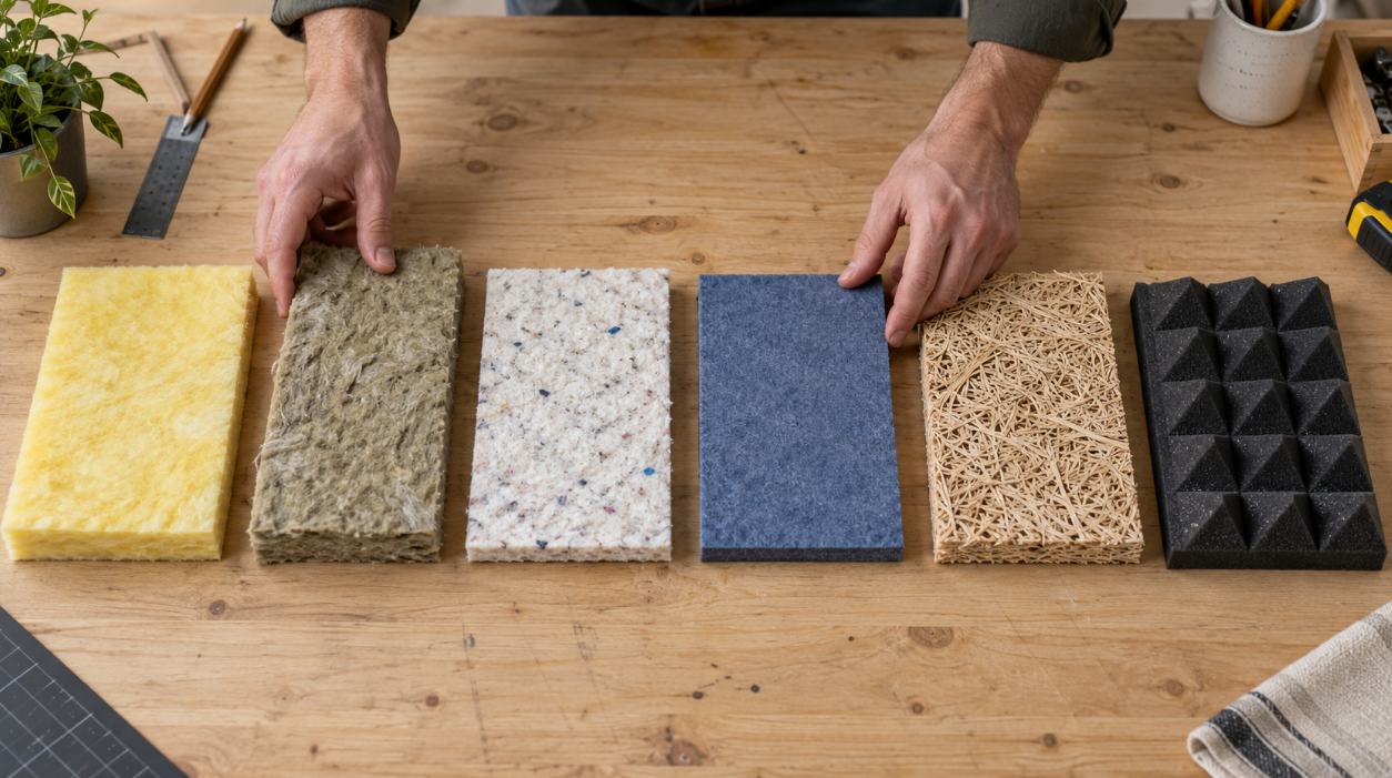 Sound-absorbing material samples: fiberglass, mineral wool, cotton, felt, wood wool, foam