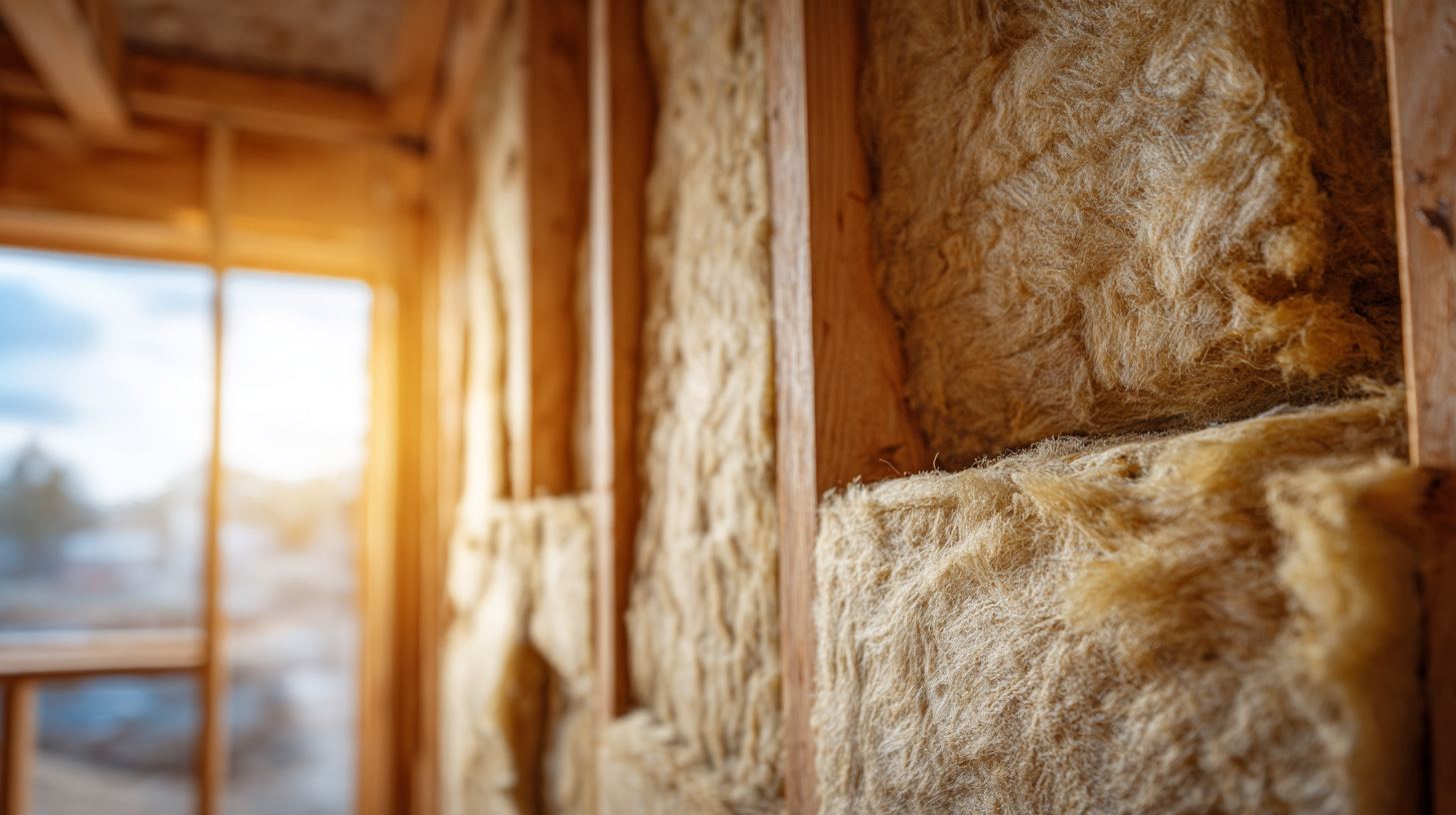 Mineral wool insulation fitted between wall studs during soundproofing installation