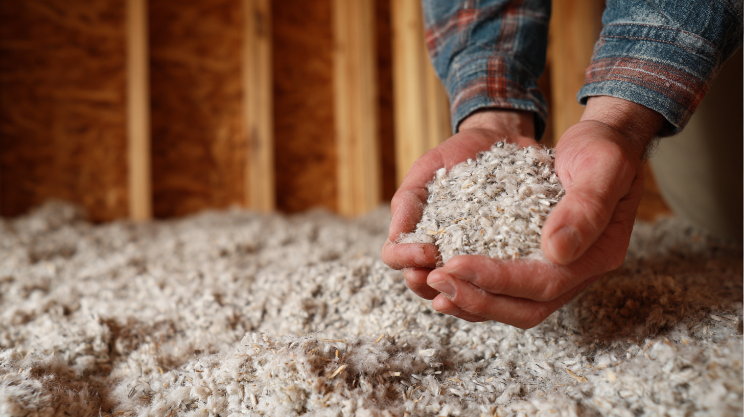 Cellulose insulation material held by hand — loose-fill soundproofing for walls and ceilings