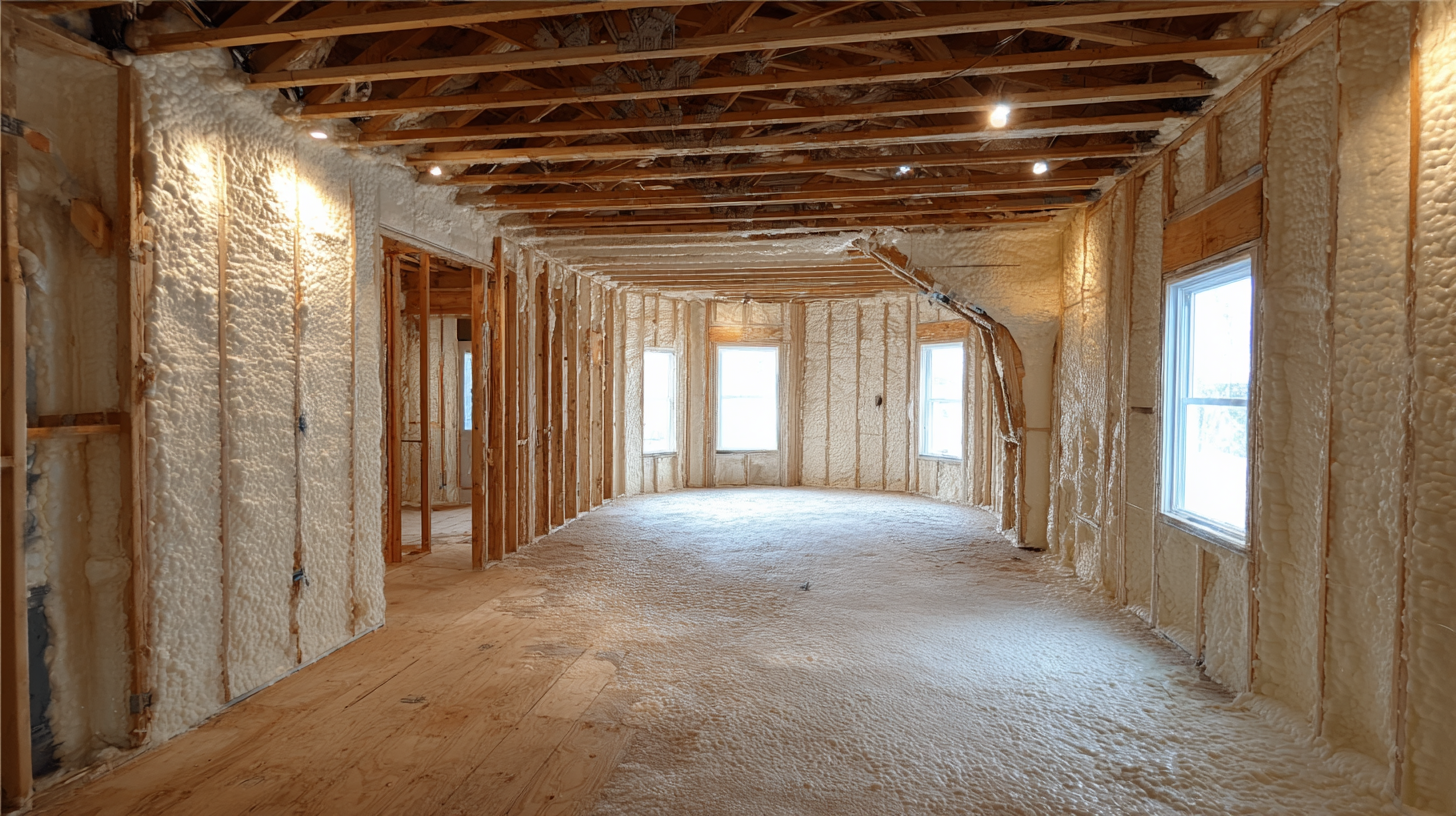 Spray foam soundproofing insulation applied to walls and ceiling joists in residential construction