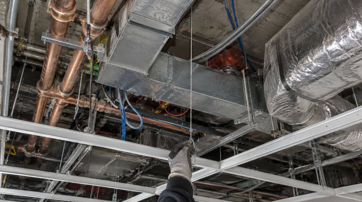 Installer attaching a hanger wire to a suspended ceiling grid under ductwork and pipes