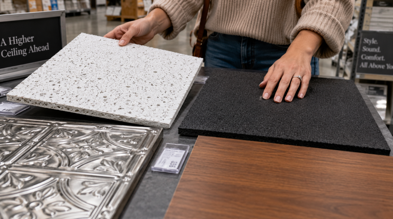 Drop ceiling tile samples: acoustic mineral fiber, tin, black acoustic, and wood-look