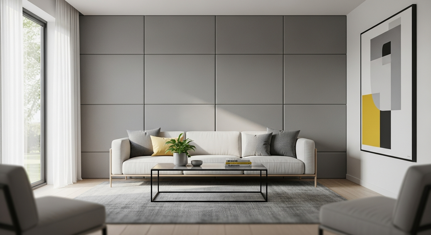 Modern living room with gray acoustic panels