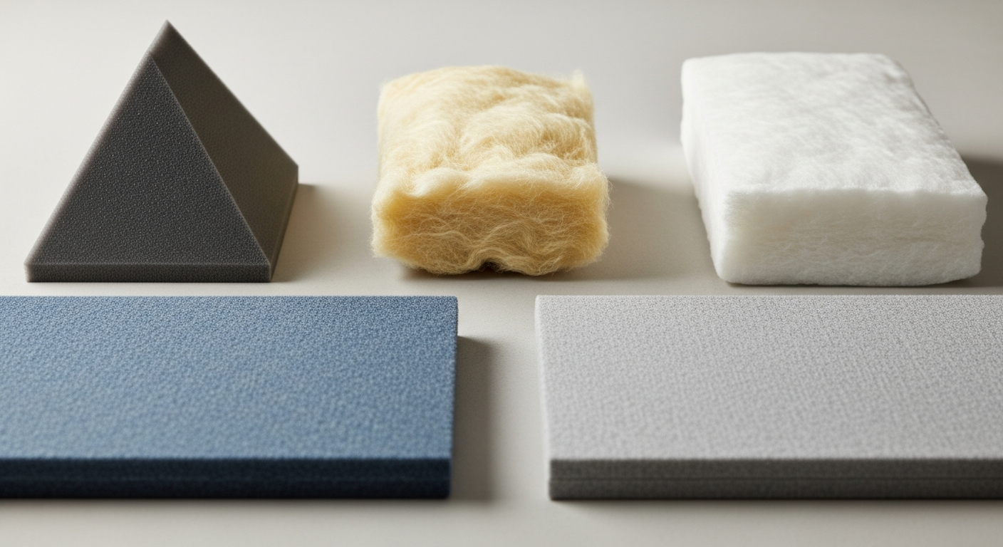 Sound absorbing materials including foam and insulation samples