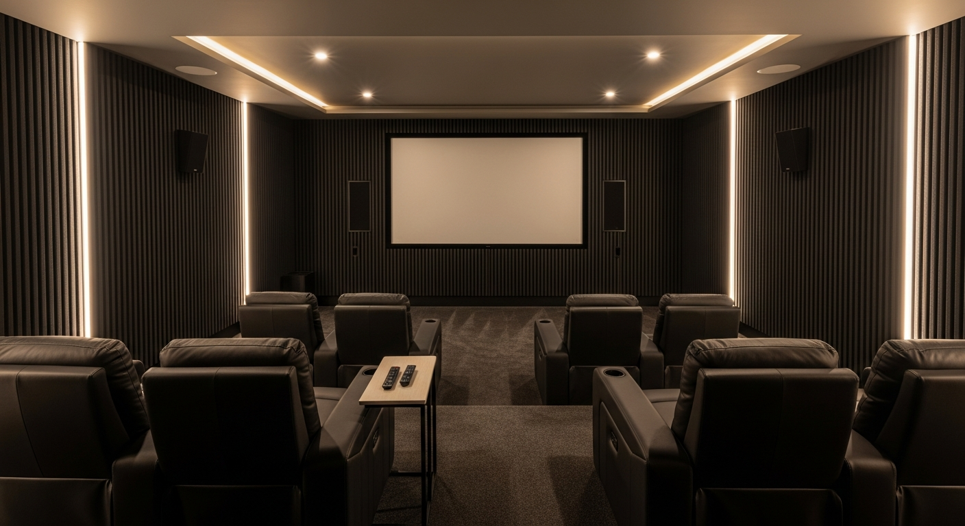 Modern home cinema with leather recliners and LED lighting