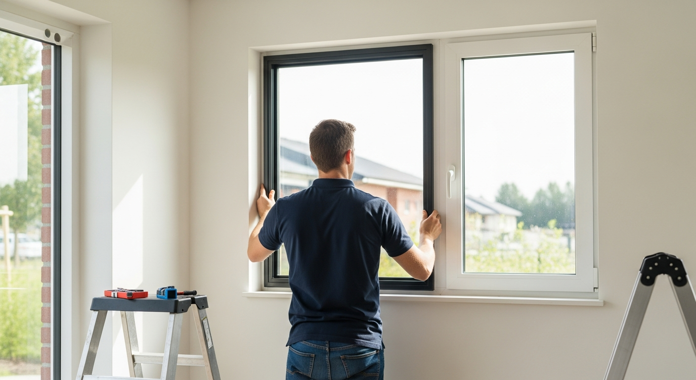 Close-up of a person adjusting a newly installed window insert, showing the final fit inside a well-lit room