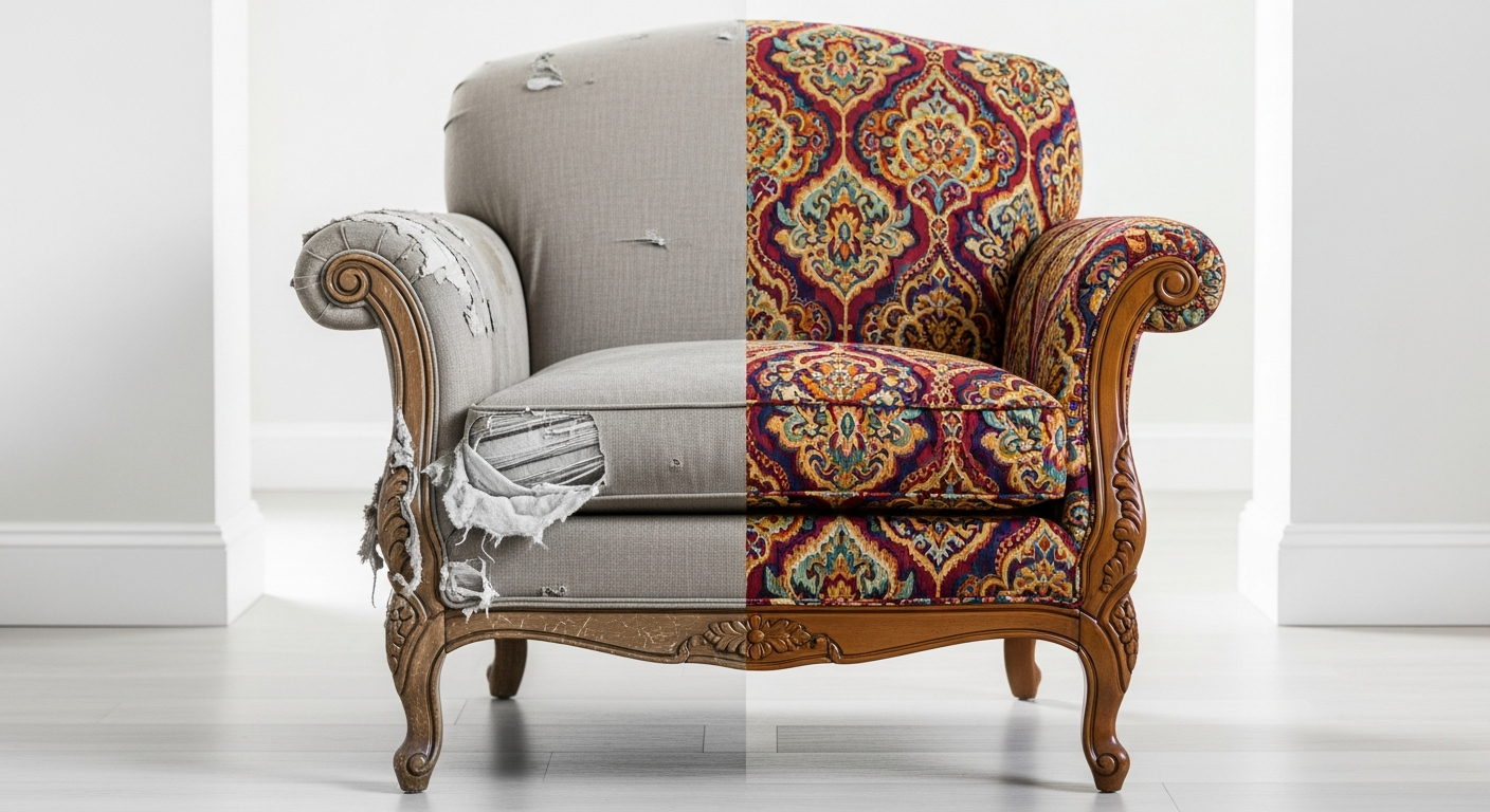 Before-and-after of a reupholstered chair, showing the worn fabric on the left and the restored, vibrant new fabric on the right