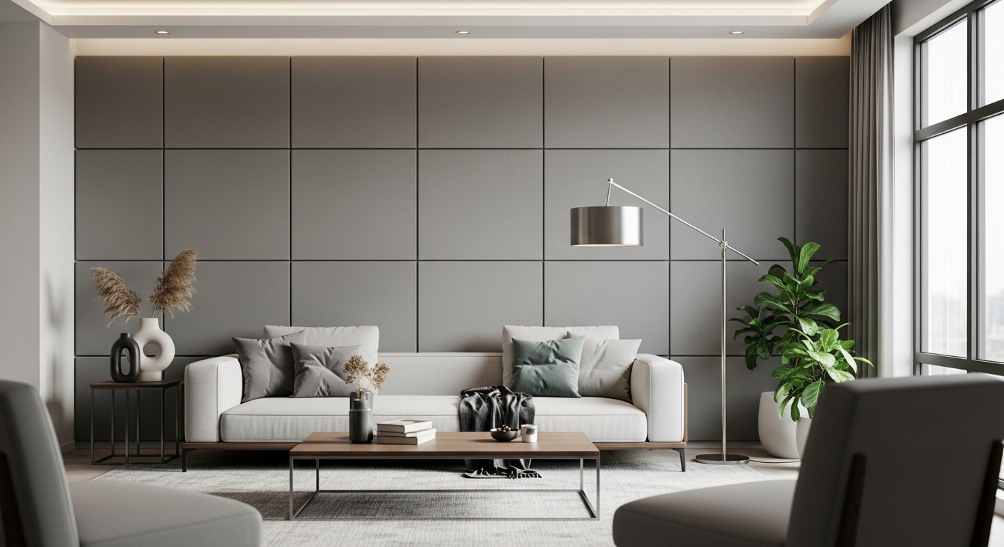 Modern living room with gray acoustic wall panels