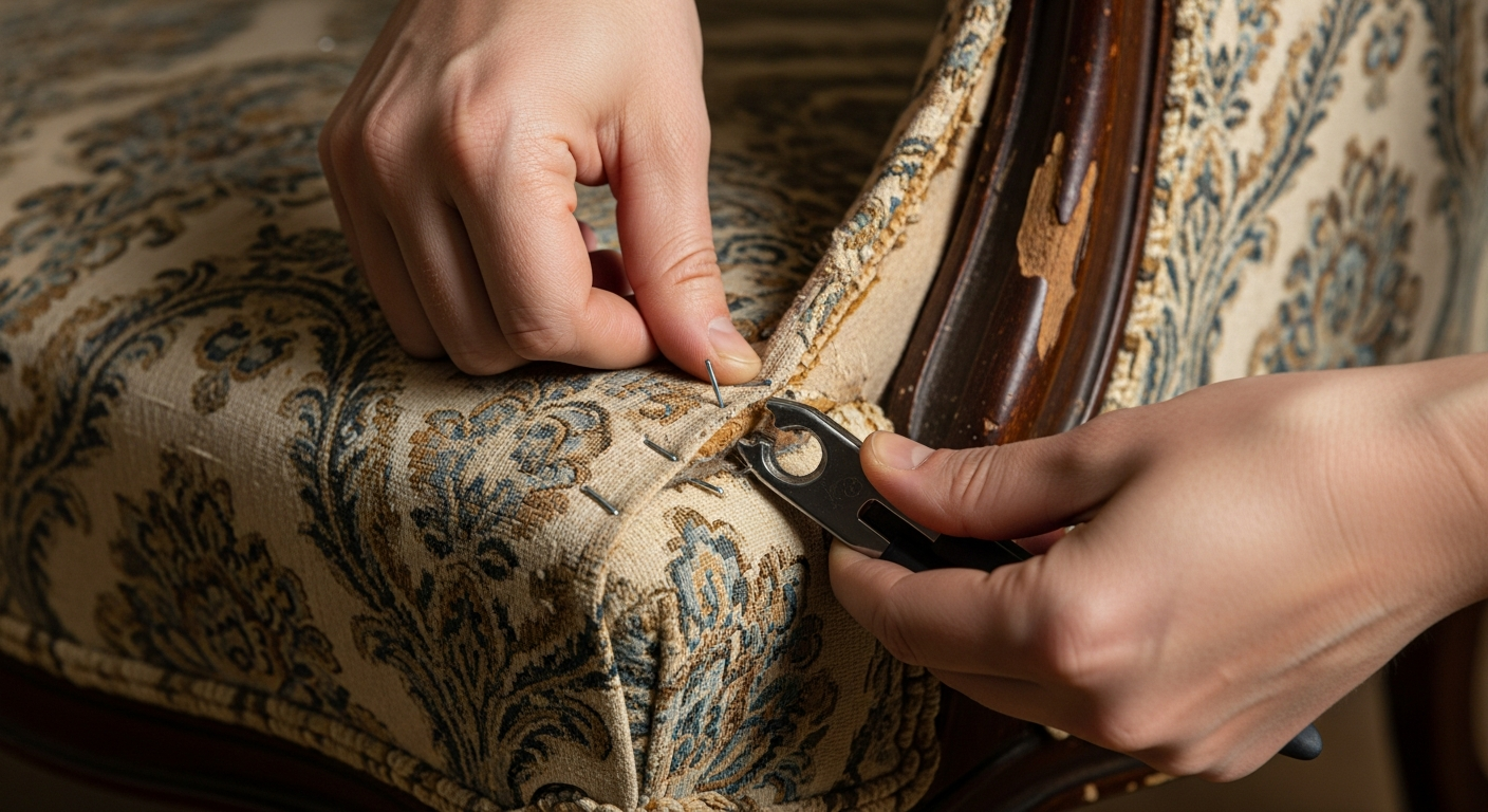 "Close-up of a person using pliers to remove upholstery staples from an antique chair