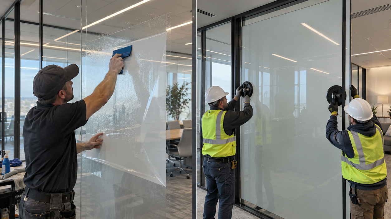 Installers applying adhesive smart film with a squeegee and fitting a smart glass panel with suction cups