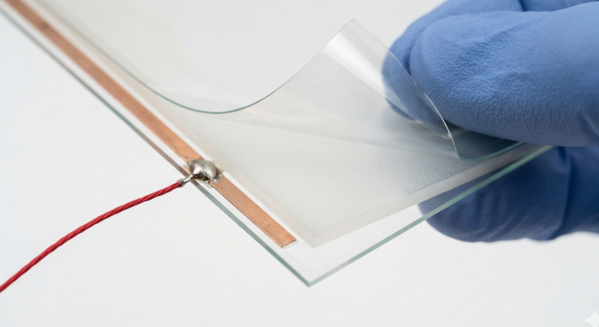 Smart film on a glass sample with a copper busbar and a soldered power wire