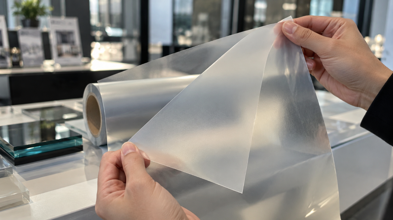 Hands holding a sheet of frosted smart film unrolled from a roll