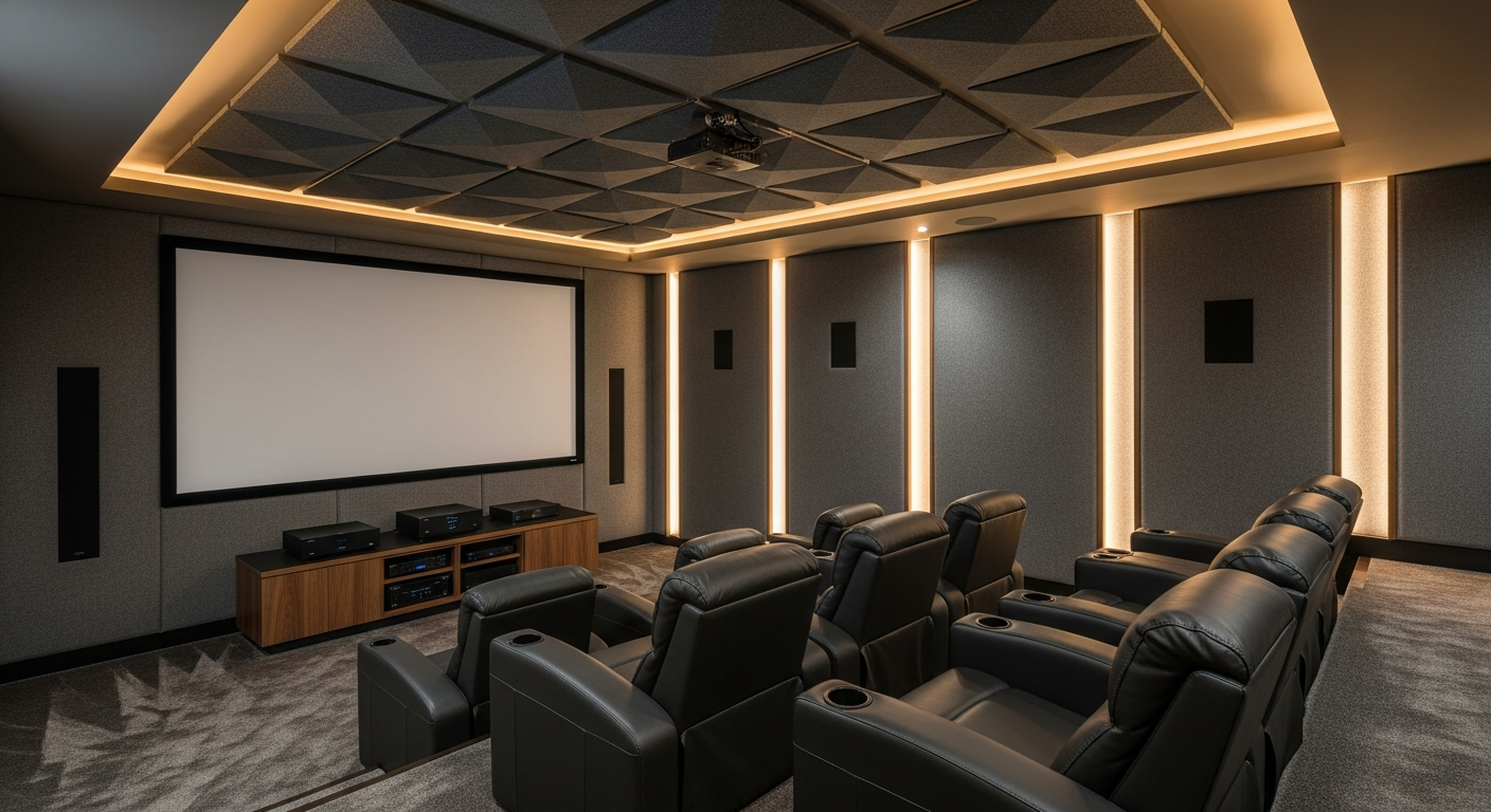 Home theater room with leather recliners and acoustic ceiling panels