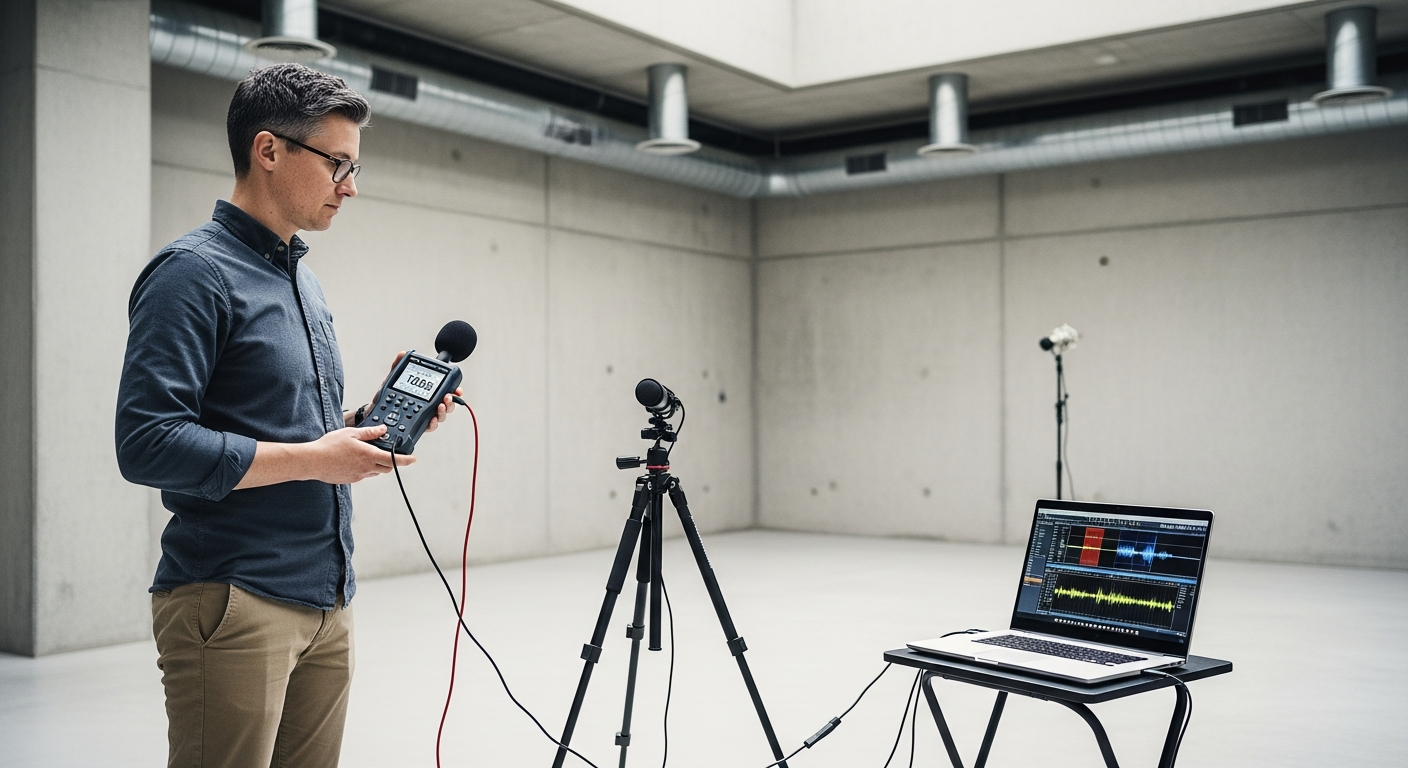 Acoustics engineer measuring sound levels with equipment in empty room