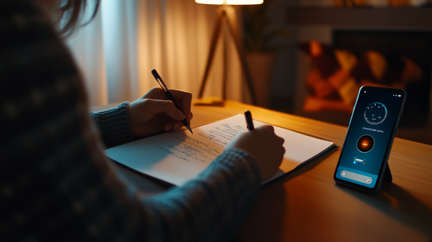 Person writing notes next to phone with decibel meter app open